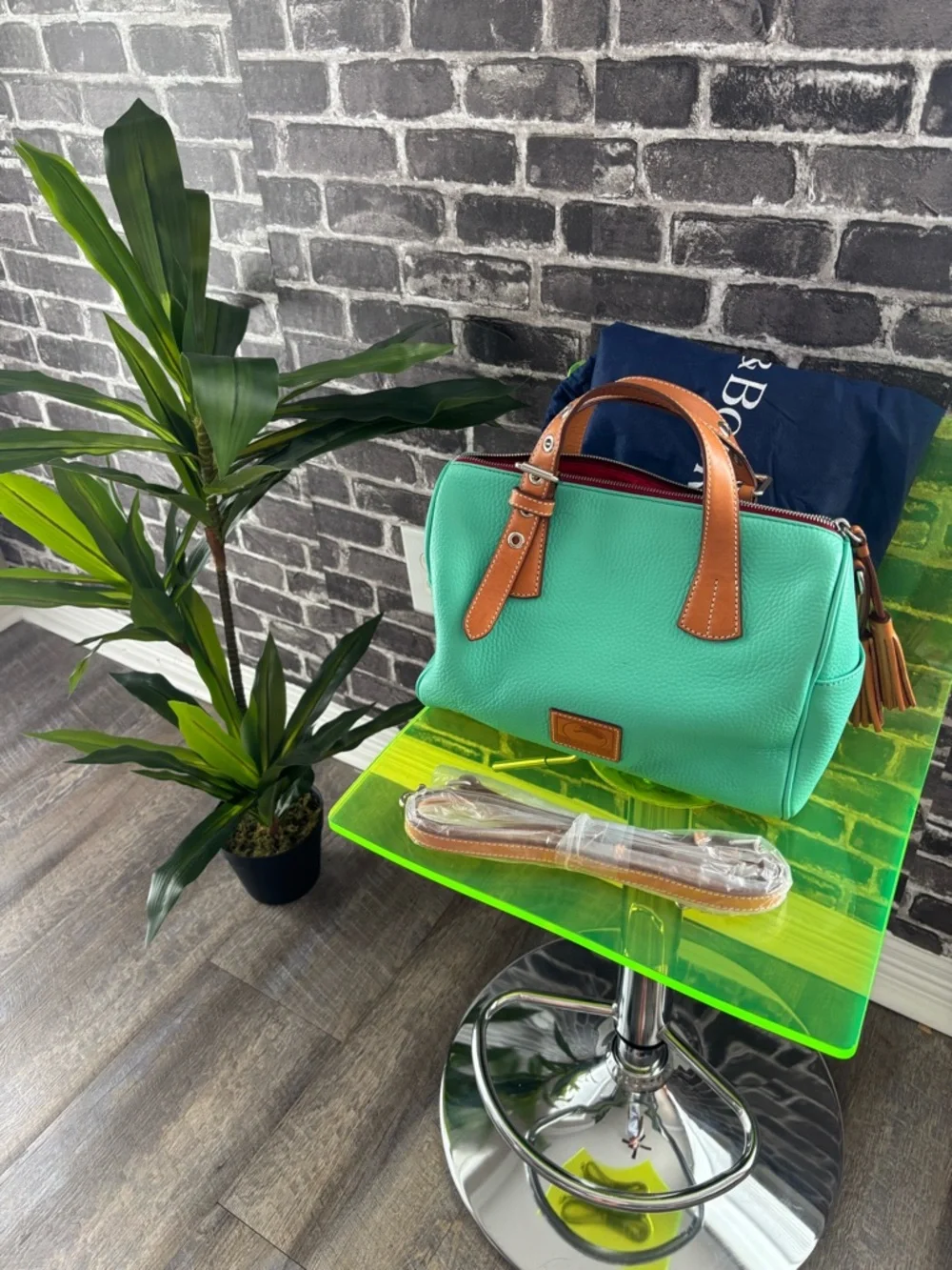 Dooney & Bourke Turquoise Pebble Leather Satchel with Brown Trim